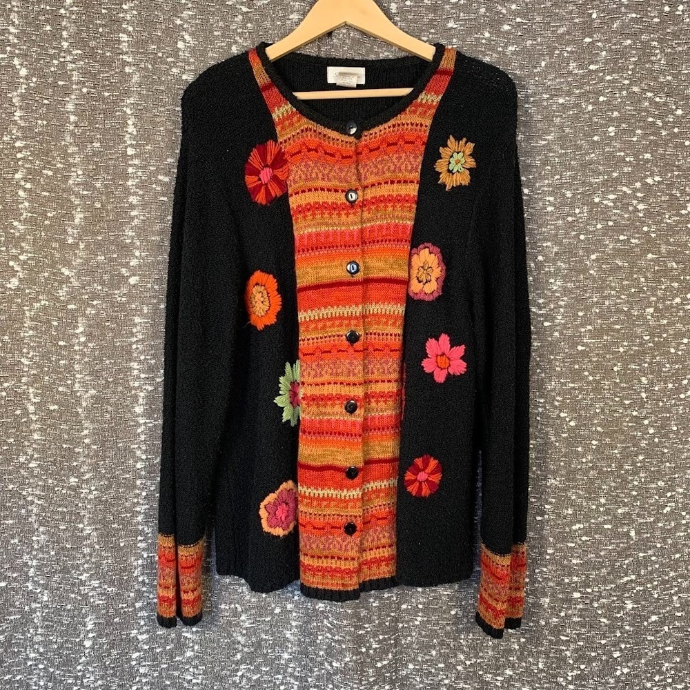Vintage Studio Works Flower Button Up Knit Sweater Boho Women's Large‎